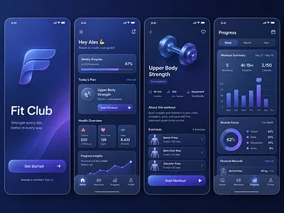 Fit Club – Fitness App UI Design figma design fitness app fitness ui glassmorphism mobile app design ui ux design
