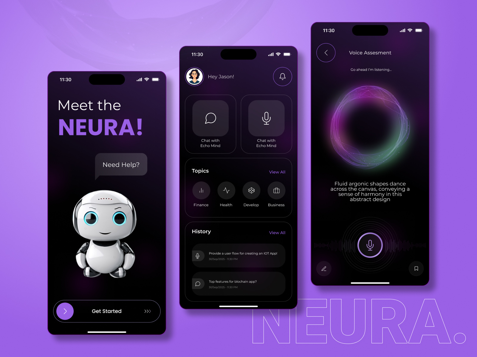 Neura – AI Assistant App UI UX Design ai app ai assistant ai design app concept app design chat interface chatbot ui creative ui design inspiration figma design mishaleman mobile app mobile ui mobile ux technology app ui showcase ui ux design ux design voice ui