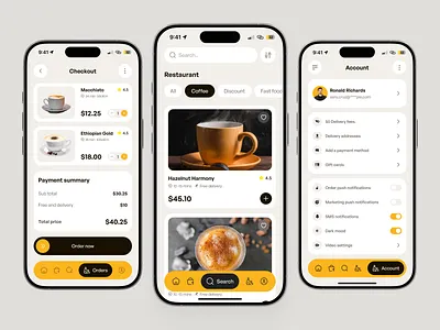 Healthy Food Delivery Mobile App — Checkout & Account Screen account setting app design checkout cleandesign coffee delivery app coffee shop app delivery app design delivery service food delivery app minimalist mobile app mobile app design online delivery app parcel delivery profile settings restaurant app uiux