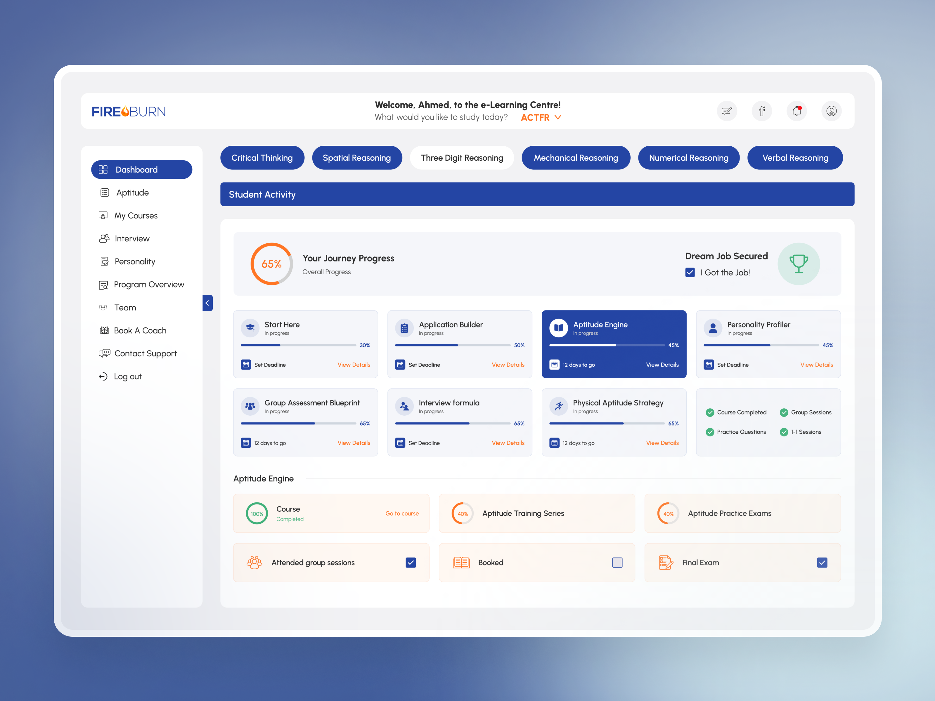 E-Learning Dashboard & Student Progress UI careerprep cleandesign dashboard educational elearning figma firefighter learning management lms productivity progress student portal study tracker unified elearning user interface webdesign website
