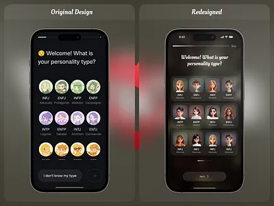 Dating Mobile App – Onboarding Screen ai dating mobile app app design best ui chat dark mode dating app ios design matching mobile app mobile app design onboarding online dating personality app personality match social media app ui design user interface ux design