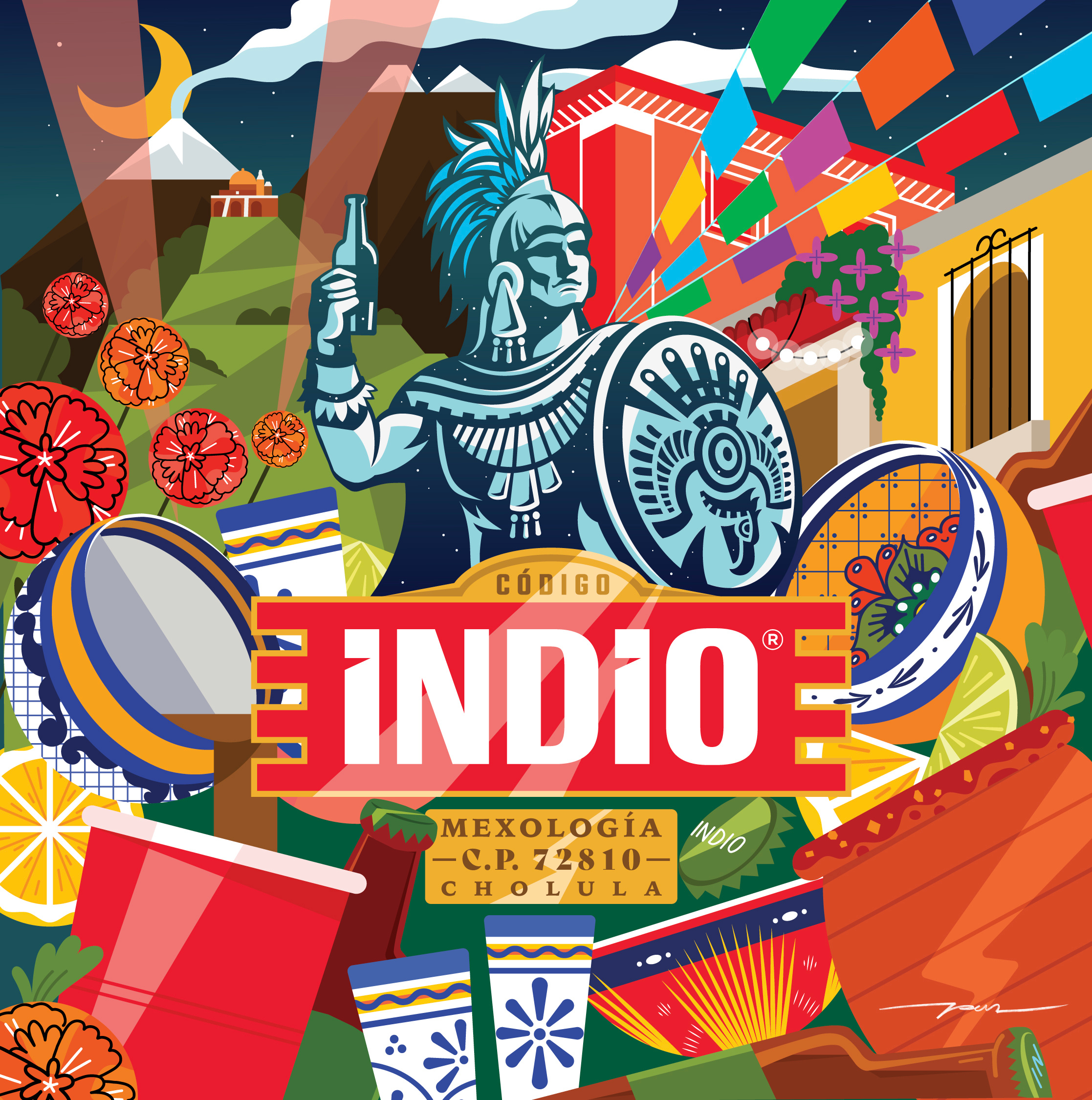 Indio - Cholula alcohol beer cartoon character cholula collab color cute design illustration indio label mexican puebla town