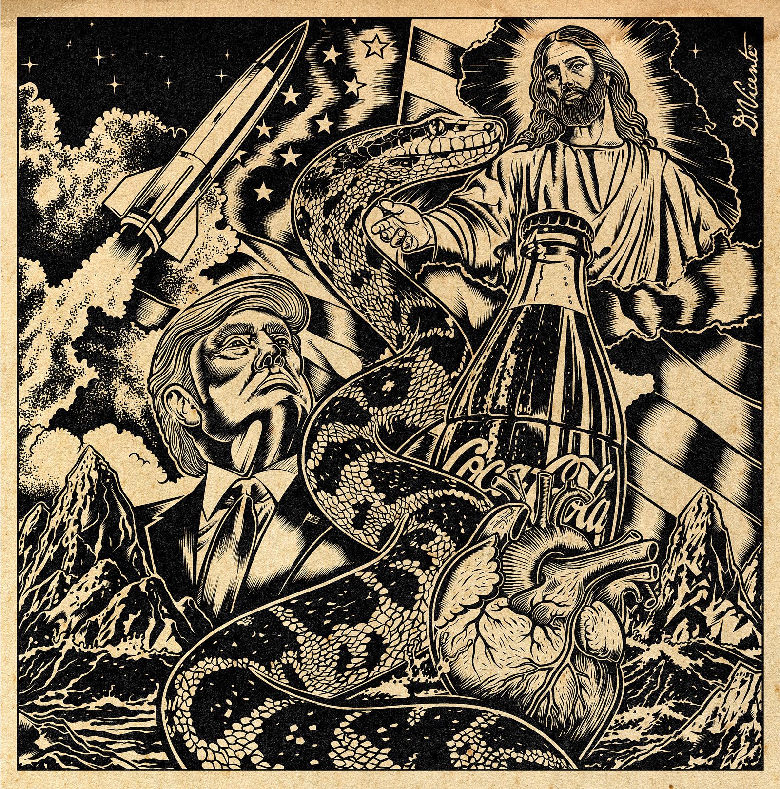 GOD BLESS AMERICA american culture american mythology color illustration dark humor david vicente detailed illustration digital art dystopian art illustration ink drawing lowbrow art political art political satire pop culture art propaganda art satirical art surreal art symbolic art vintage poster weird art