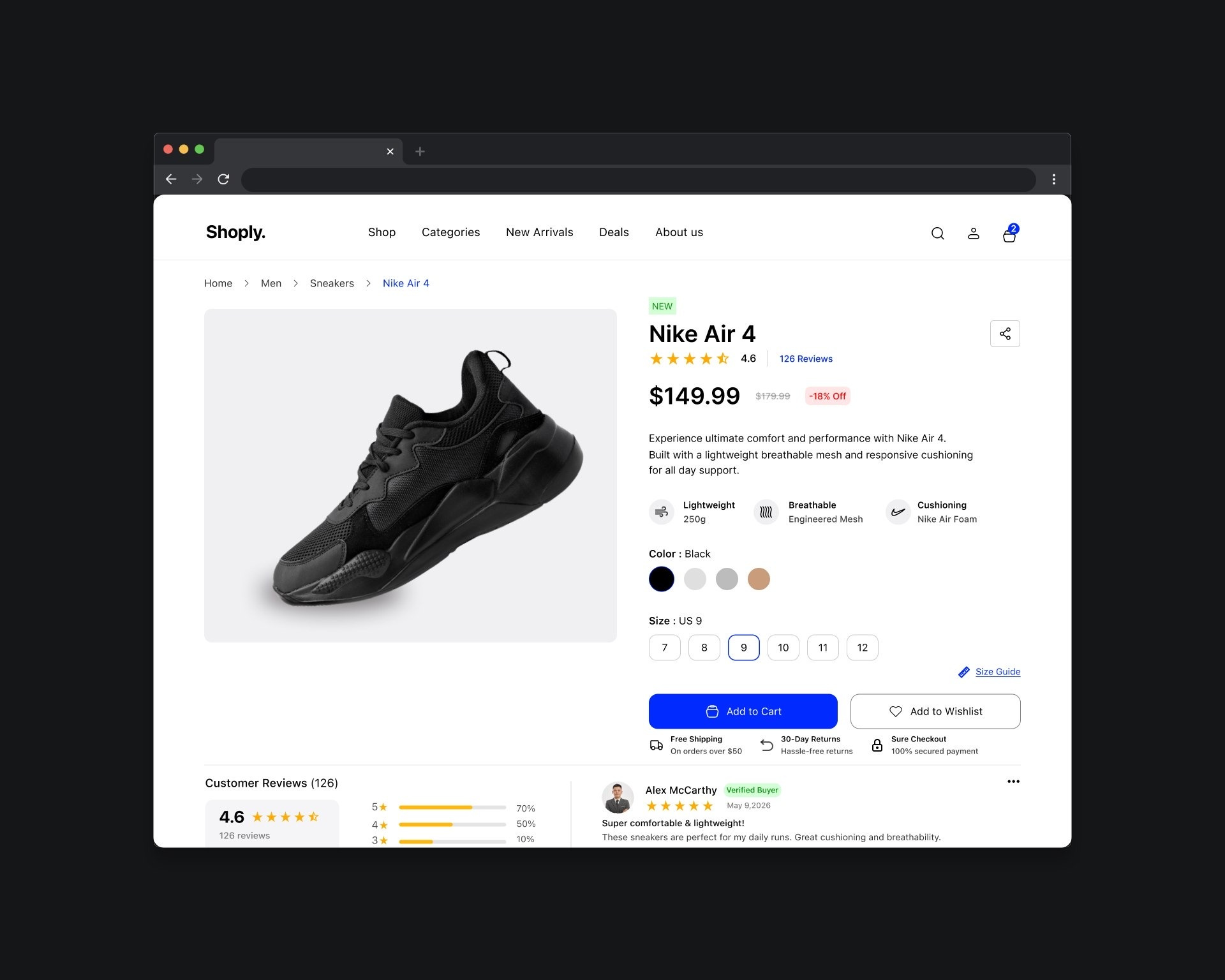 Modern E-commerce Product Page UI — Sneaker Detail Experience e commerce fashion store figma product design product page saas sneaker website uiux web design