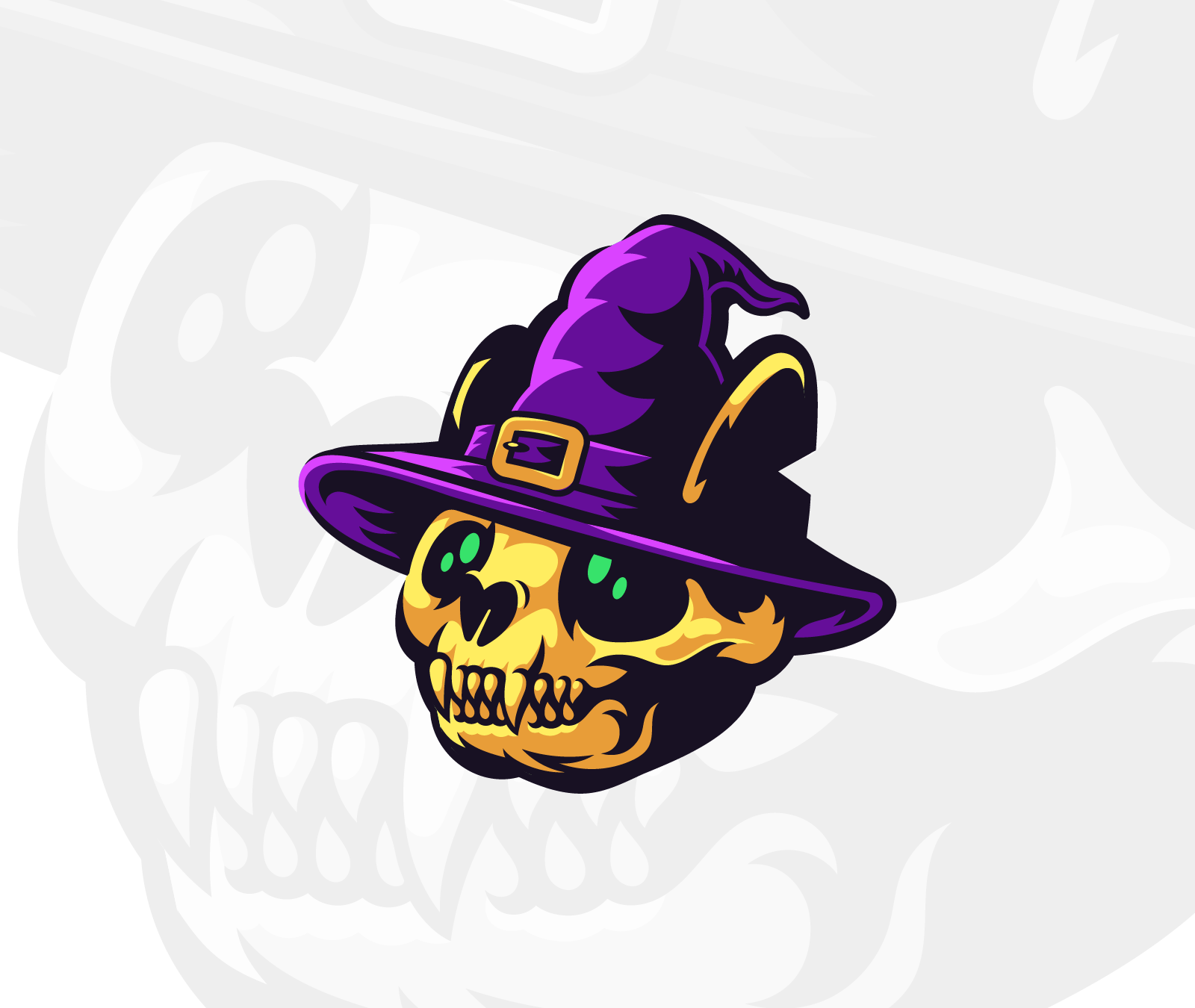 Witch Skull Cat Mascot Logo dark esports fantasy gaming green eyes grim halloween horror magic mascot mystic occult purple skeleton skull spell spooky witch witch hat wizard