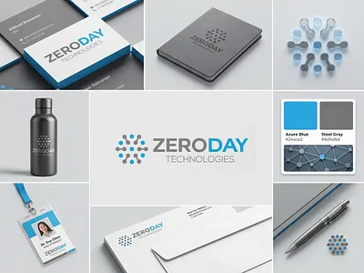 ZERODAY | Tech & Cybersecurity Identity blue logo business card design connectivity corporate identity cybersecurity data digital envelope innovation it logo design minimalist modern network professional software startup stationery tech branding technology