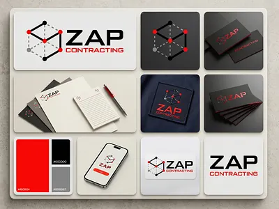 ZAP Contracting | Tech-Forward Industrial Branding architectural bold brand identity business cards construction contracting corporate identity engineering geometric grid industrial logo design modern networking professional red and black stationery design structure tech logo z logo
