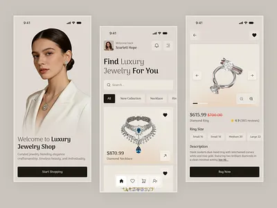 Luxury Jewelry E-commerce Mobile App - Discover Premium Shopping accessories app ecommerce app elegant ui fashion app fashion ecommerce high end ui jewelry app luxury app marketplace app mobile app online store product showcase redesign shopping app trending ui ui web app