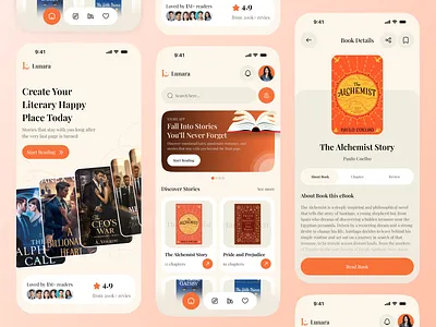 Lunara – Story Reading App UI Design app design audiobook book book app book reading book ui ebook app library app mobile app novel app online book reader online ebook app online learning reading app reading book story app story reading app