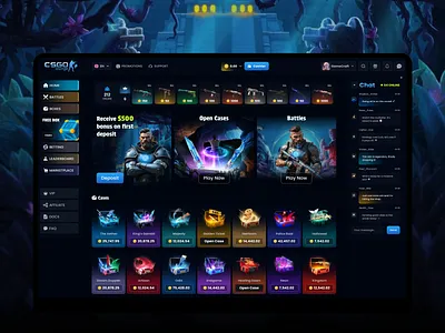 Case Battles & Skin Marketplace - Web Interface case design casino casino interface counter strike cs2 skins csgo csgo betting csgo casino csgo loot box csgo market fire cases game app gaming igaming live casino mystical box open case open cs2 cases rust ui