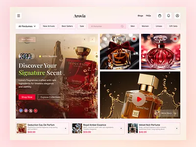 Luxury Perfume eCommerce UI – Arovia Fragrance Store beauty ecommerce clean ui ecommerce ui ecommerce website fashion website fragrance website glassmorphism ui hero section design landing page design luxury brand luxury ui design minimal ecommerce modern ui perfume shop perfume ui premium design product showcase ui design trends ui ux design web design inspiration