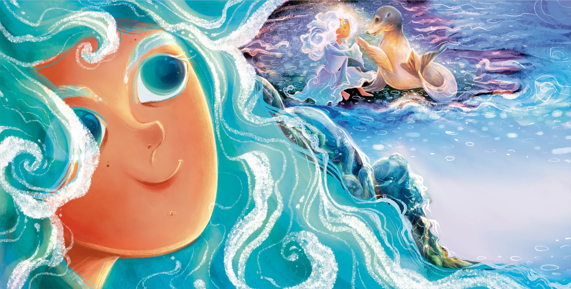 Ula, a Child of the Sea | Ocean Fantasy Picture Book Art cartoon character character design children book childrens book illustration childrens book illustrator fantasy illustration illustration kidlit art magical sea illustration ocean art sea beauty art seafoam hair seal character