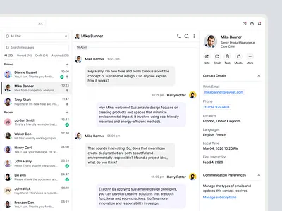 CRM Chat Inbox UI Dashboard AI Powered Reply Workflow | Closr ai chat assistant b2b crm design chat composer ux closr contact sidebar design crm chat ui crm inbox design customer messaging ui filllo live chat ui pinned conversations saas chat dashboard saas design agency saas product design saas ui design sales chat ux sales crm ui startup product design three panel layout web app design
