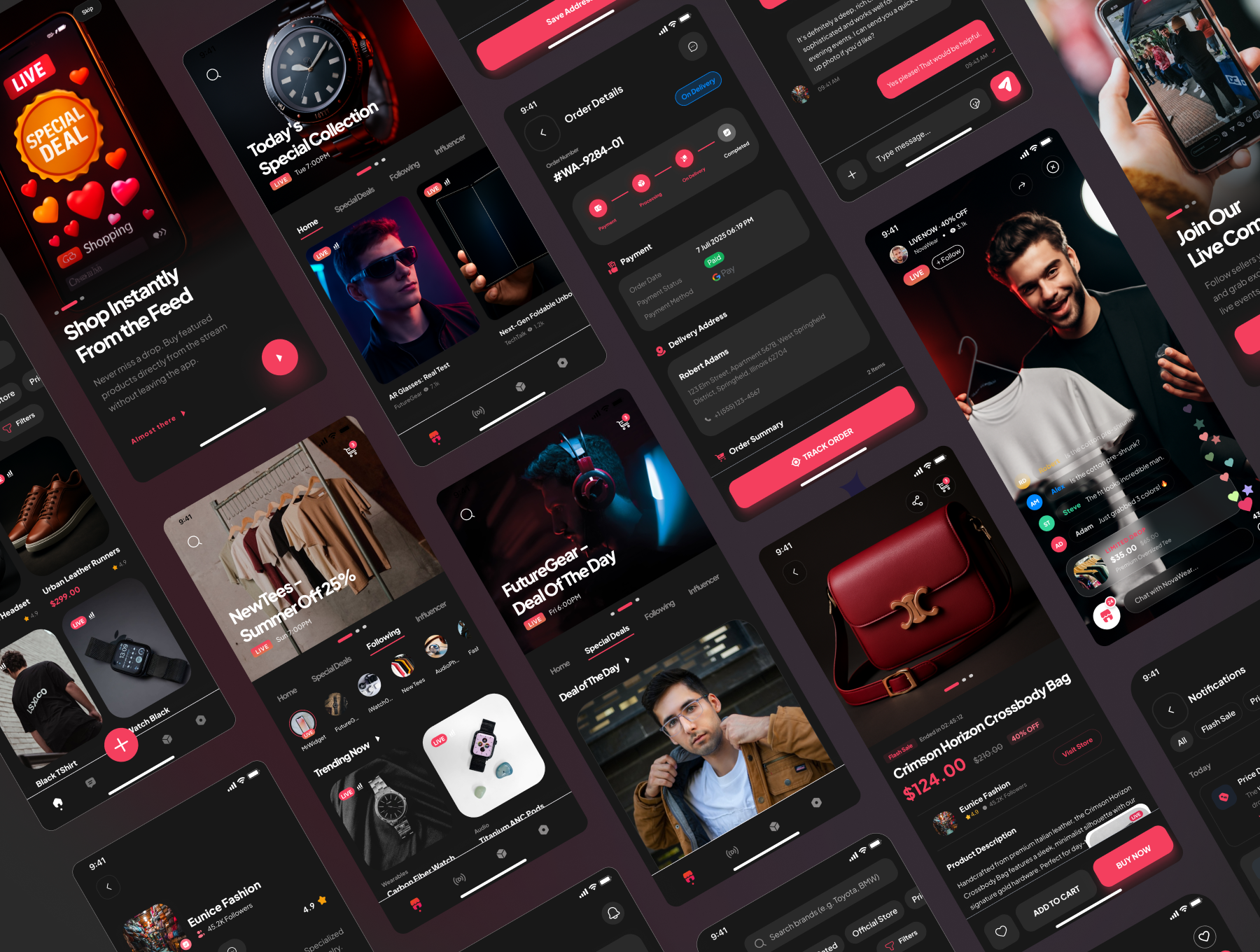 Live E-Commerce UI Kit android figma ios live live e commerce live shopping live streaming mobile app mobile uikit pink red rose shopping store uikit