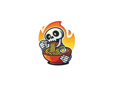 Skeleton Eating Spicy Noodles design (for sale) bowl branding design egg fire firey graphic design heat hot illustration instant logo logos modern noodles ramen skeleton skull spicy