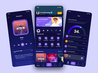 Sleep Tracker app design clean ui dark ui dashboard ui figma design health app healthy lifestyle meditation app mental wellness minimal ui mobile app design modern ui sleep analytics sleep app sleep monitoring sleep sounds sleep tracker ui design ux design wellness app