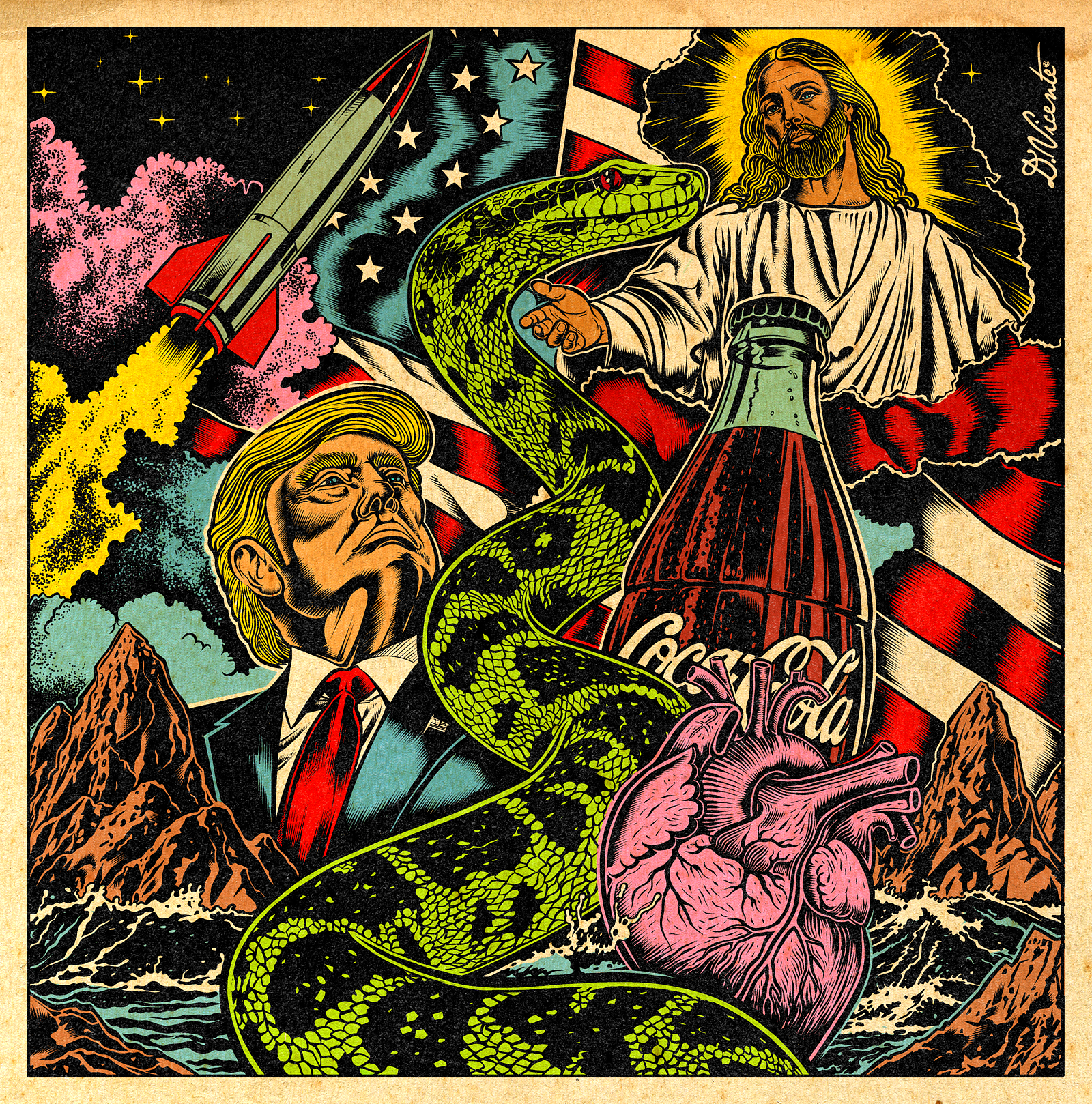 GOD BLESS AMERICA – COLOR VERSION american culture american mythology color illustration dark humor david vicente detailed illustration digital art dystopian art illustration ink drawing lowbrow art political art political satire pop culture art propaganda art satirical art surreal art symbolic art vintage poster weird art