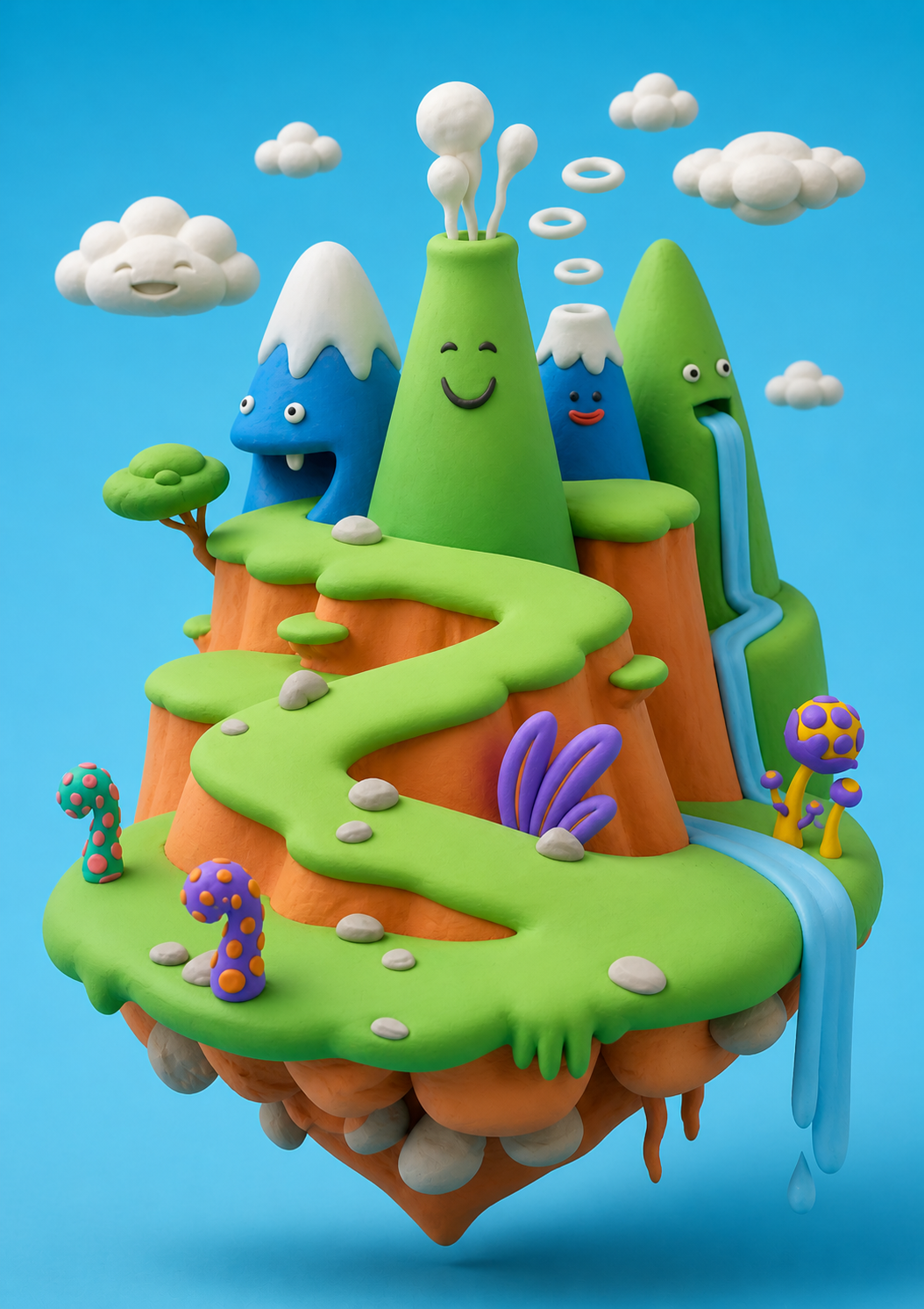 Cloudland Friends 3d illustration character design clay clay world craft creation flying island fun handmade illustration inspiration journey landscape magic world mountains volcano waterfall сlouds