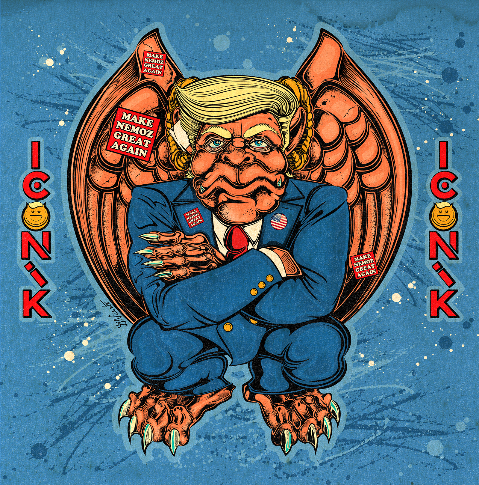 PAPA TRUMP GARGOYLE caricature art cartoon art character design color illustration contemporary satire creature design david vicente digital art digital illustration gargoyle illustration lowbrow art papa trump parody art political art political satire pop culture art satirical art trump gargoyle weird art