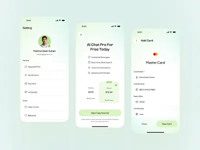 Mobile Settings, Subscription Paywall and Payment UI account settings app design billing interface clean interface credit card form fintech ui ios app ui minimal ui mobile app ui modern mobile ui payment ui paywall design pricing screen product design settings screen subscription ui ui ux design upgrade plan user flow user profile
