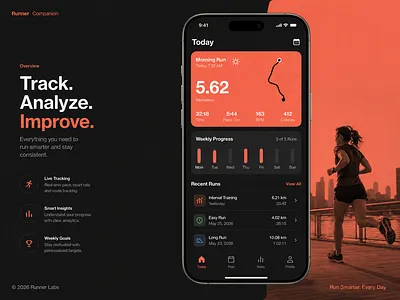 Runner Companion Mobile App Dashboard analytics app design cardio app dark mode dashboard data visualization fitness tracker fitness ui health interface ios app minimalist mobile app product design running app sports tracking ui design ux workout