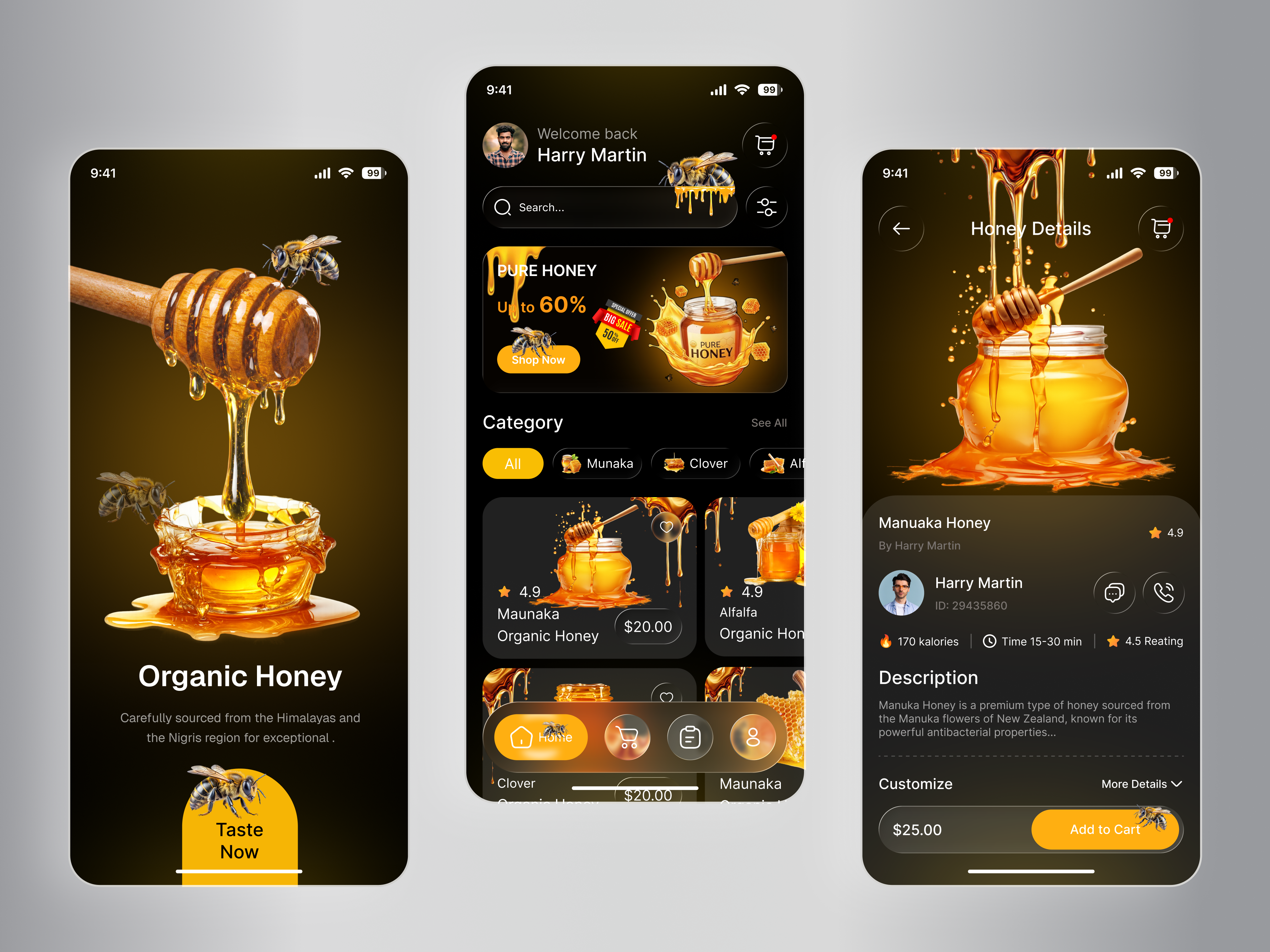 Organic Honey E-Commerce Mobile App Design appdesign darkmode darkui ecommerce ecommerceapp foodapp honey honeyapp mobileapp modernui organic organicproducts premiumdesign productdesign shoppingapp uidesign userinterface uxdesign