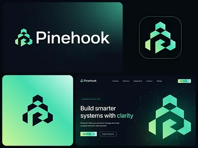 Pinehook app logo block branding crypto logo cryptocurrency digital banking fintech futuristic geometric logo hexagon icon logo design logo mark modern logo payment app pine logo pine tree pinehook saas ui