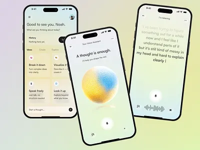 AUREL — Voice-First AI Assistant ai ai app app design chat interface conversational ui futuristic ui glassmorphism gradient ui interaction design ios design live transcription minimal ui mobile app product design speech to text ui design ux design voice assistant voice interaction voice ui
