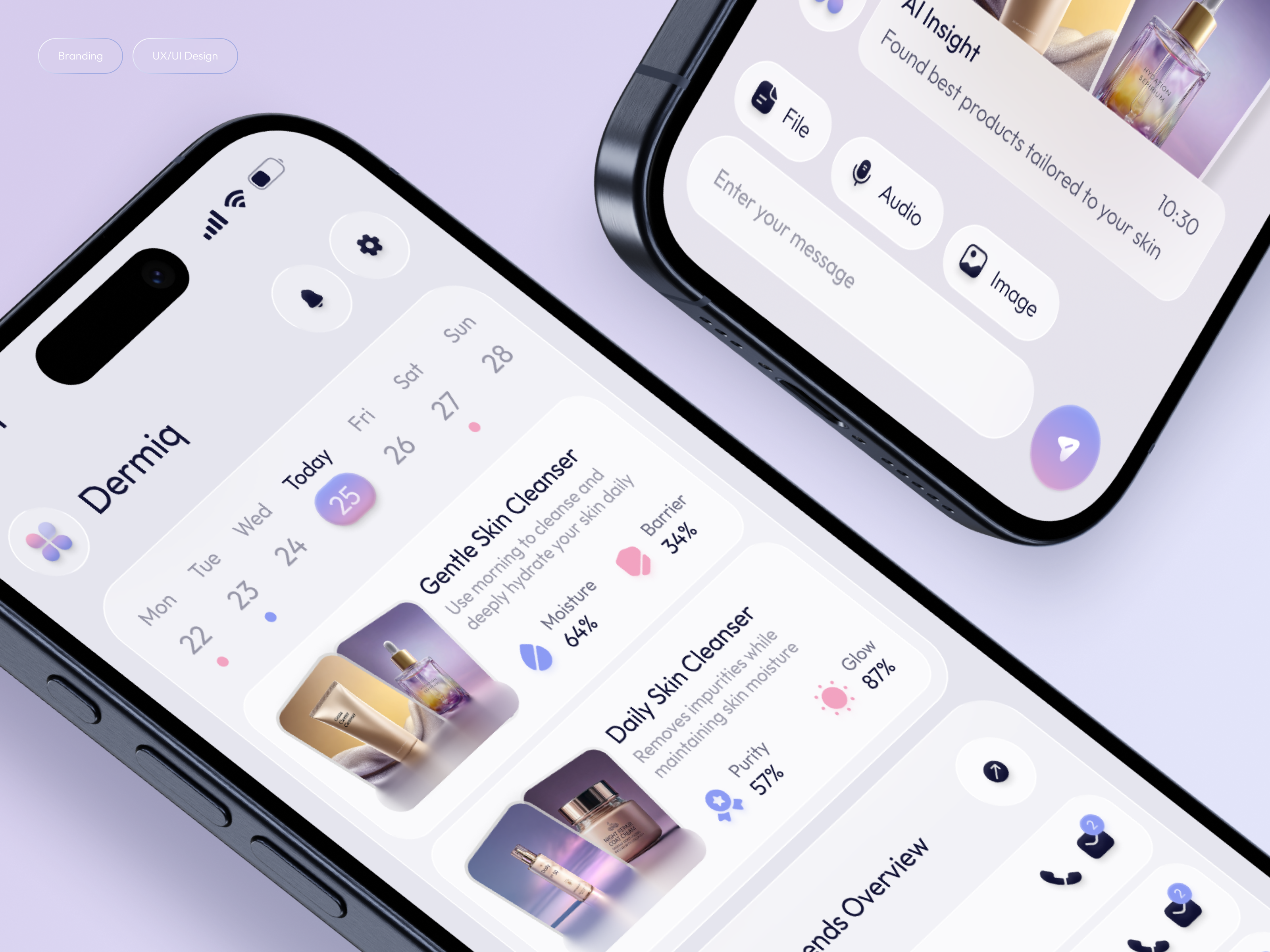 Dermiq | Personalized AI Skincare Management & Mobile UI ai beauty app b2b saas application beauty tech uiux dermatology app digital health app health dashboard health tech uiux health uiux kpi dashboard app medical diagnostics ui medtech application skincare app skincare tracker uiux telemedicine app ui wellness uiux design