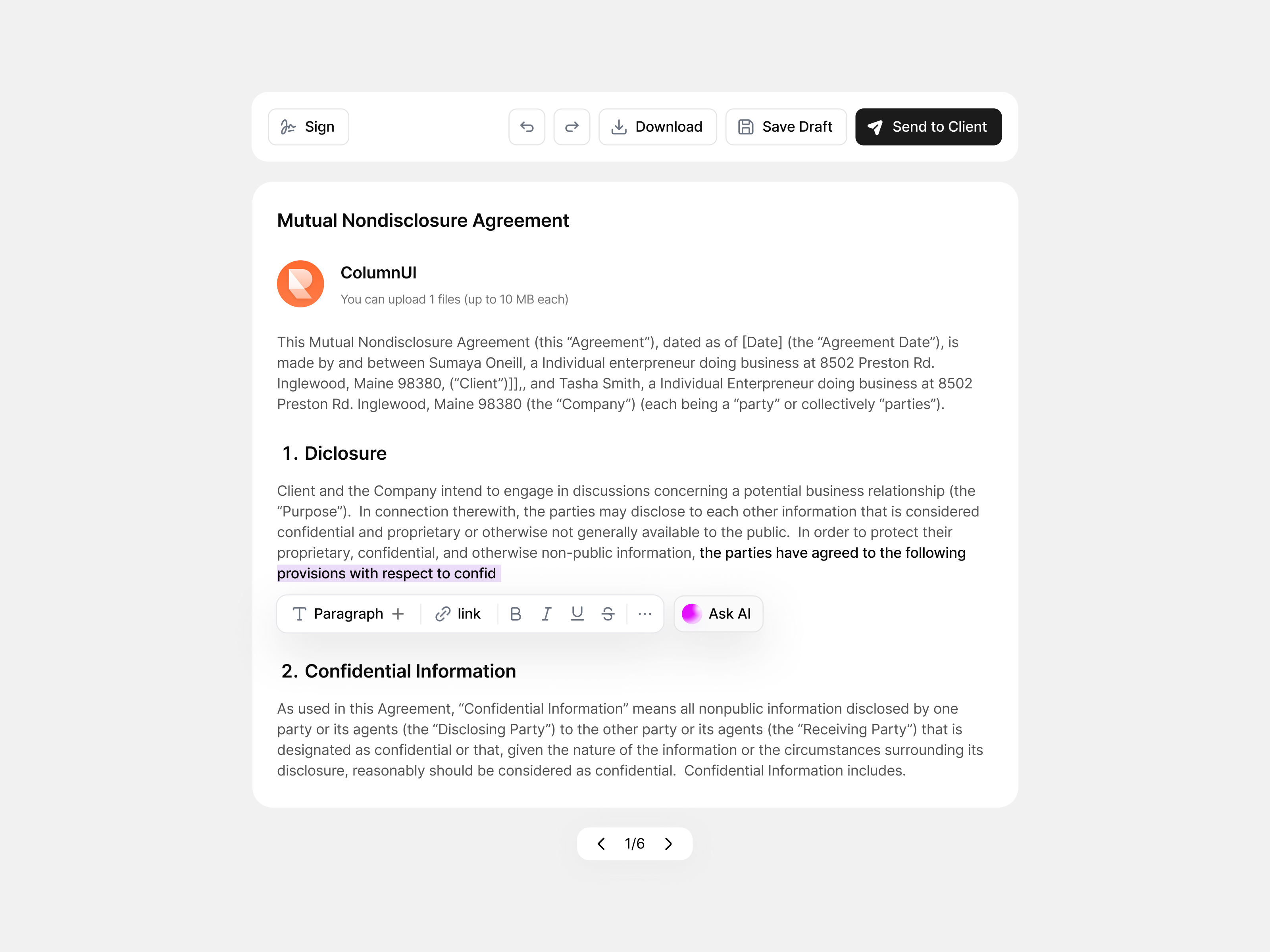 AI-powered Contract Editor ai dashboard ai invoice ai powered contract ai powered contract editor ai text editor contract editor contract sign dashboard document sign product design saas tool saas webapp text editor ui