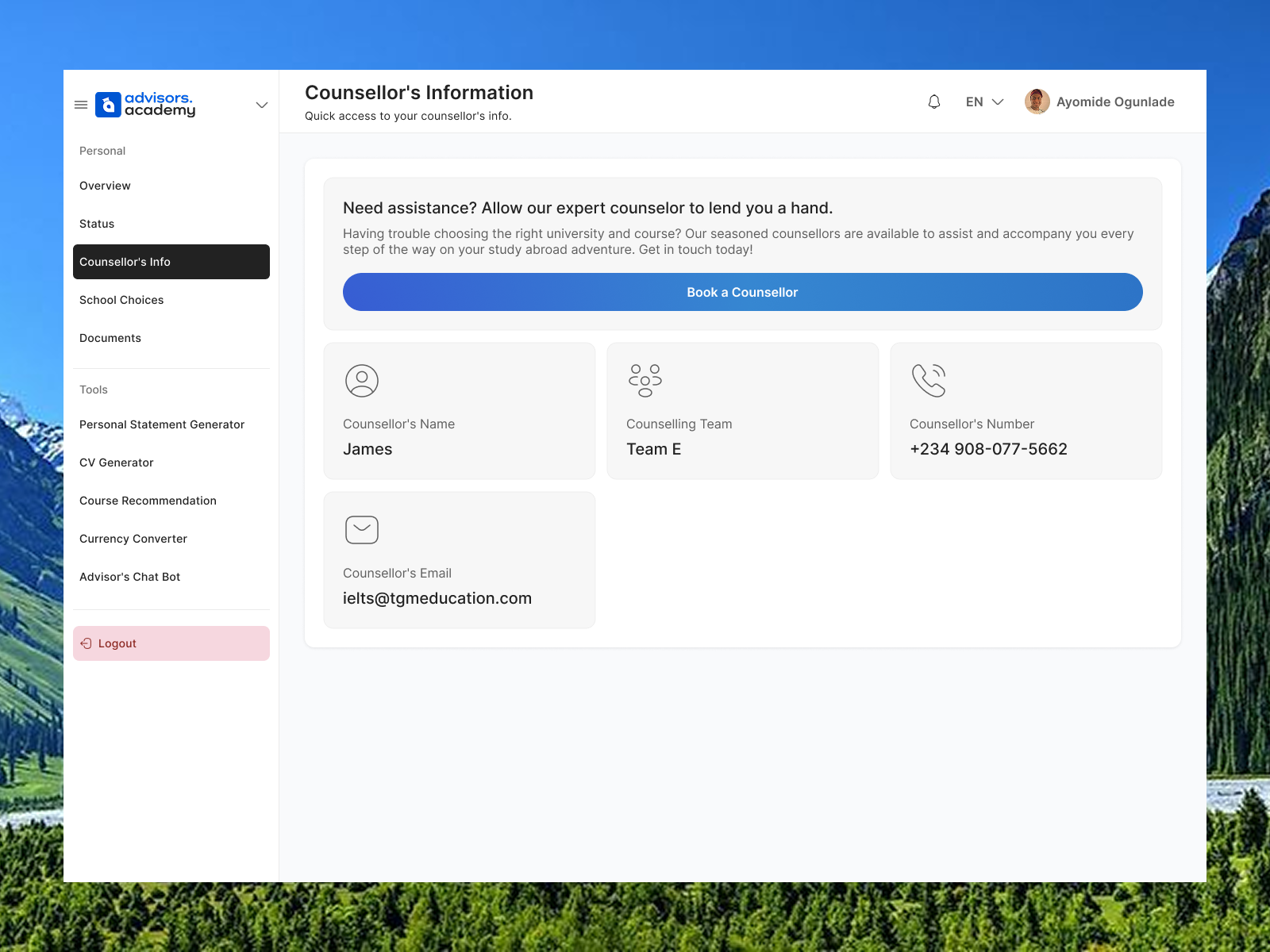 Student Dashboard - Counsellor's Information