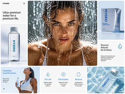 Landing Page for Ultra-Premium Hydration Brand bento grid blue branding clean layout digital design ecommerce electrolytes health landing page lifestyle photography minimal packaging product design typography ui ux water web design website wellness