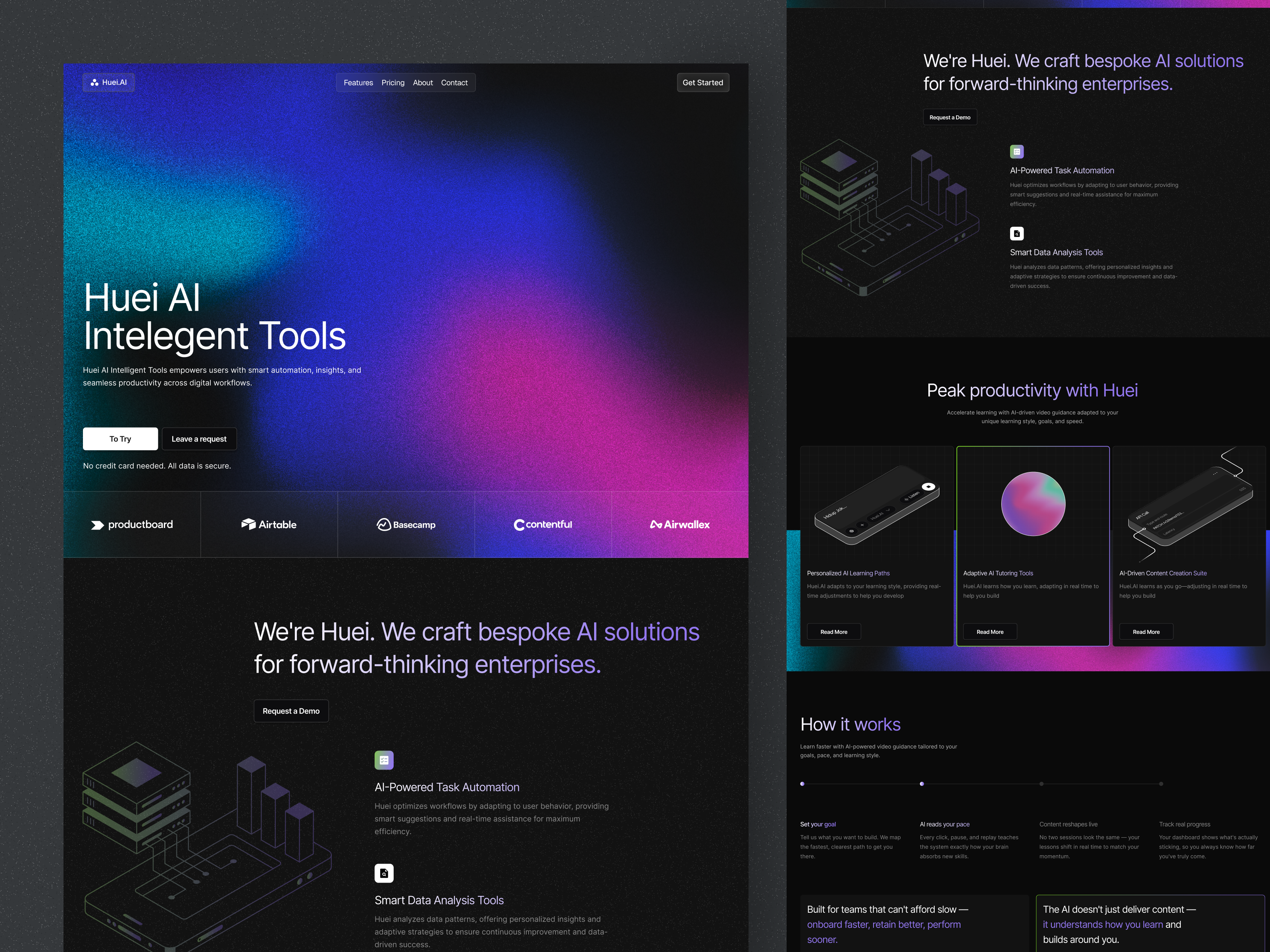 Huei — AI Tools & Automation Landing Page ai ai tool branding clean data analisty design intelegent interaction landing page product saas talk ai task ui ui design ux ux design web web design website