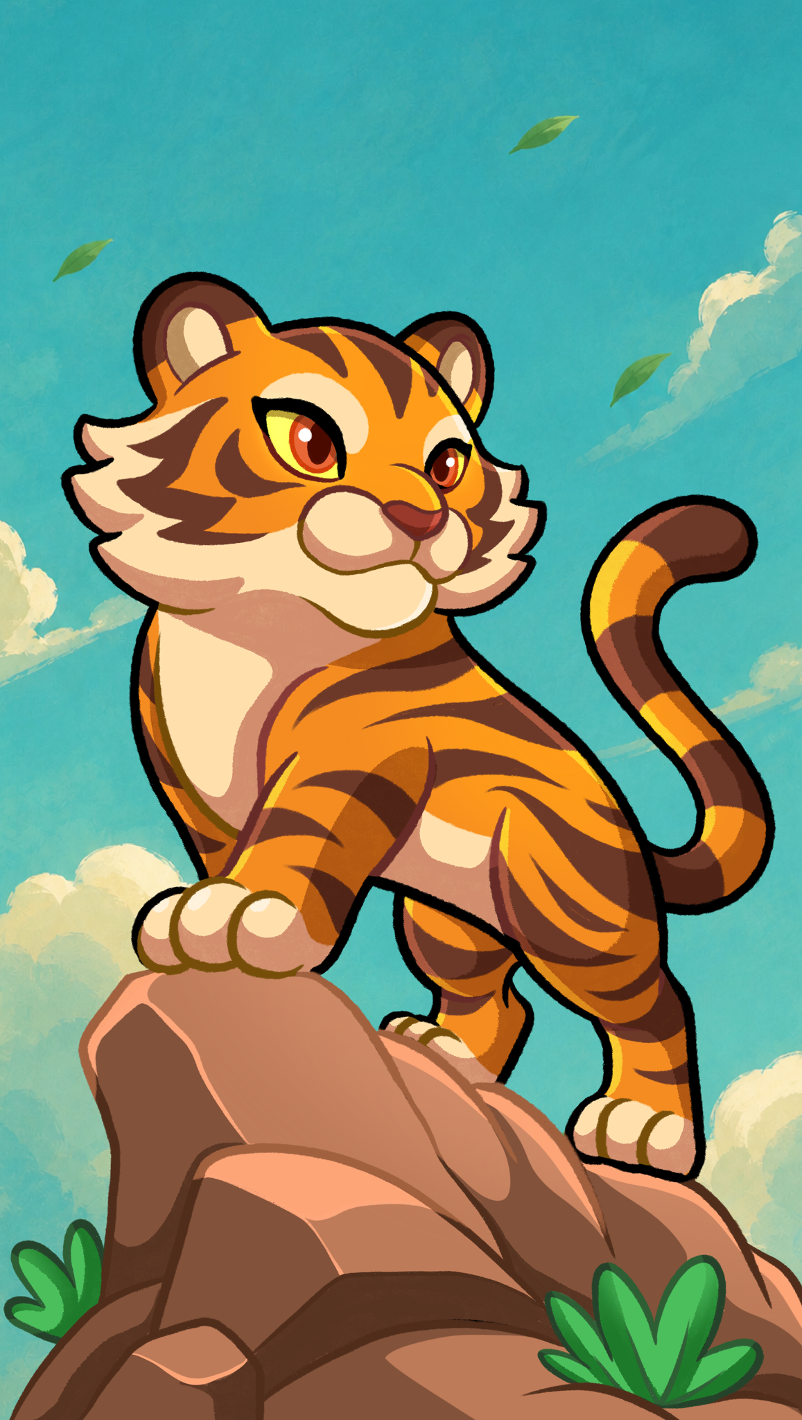 Brave Little Tiger on the Peak branding cartoon character character design chibi design digital art drawing illustration kids mascot nature poster soft tiger