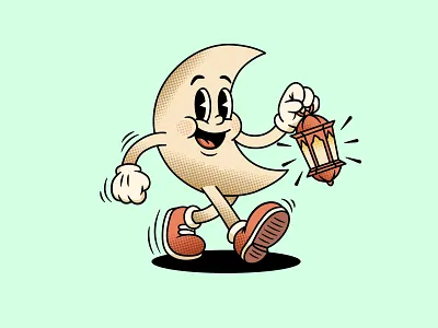 Happy Crescent Moon Character Walking With Lantern cartoon character cheerful crescent crescent moon cute festive happy illustration lantern mascot moon playful ramadan ramadan lantern retro smile smiling vintage walking
