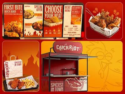 CluckRiot Fried Chicken Branding beverage booth brand identity branding broasted chicken chicken chicken logo design fast food food fried chicken graphic design identity illustration logo mascot menu design nashville paper bag restaurant