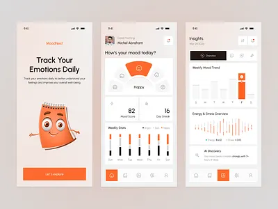 Mood Tracker App UI – Daily Emotion Insights ai case study dashboard dribbble figma health app healthcare ai app ios meditation mental health mindfulness app mobile app mood diary mood tracker popular product design ui ui kit ux