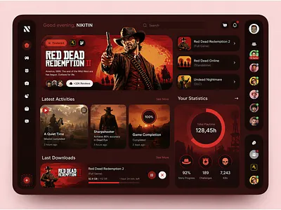 Red Dead Redemption 2 Game Dashboard Experience UI 3d dashboard design design game dashboard game design game ui game ui design gaming dashboard gaming experience gaming platform gaming ui interactive ui modern dashboard red dead redemption ui ui ux design uiux ux web app design web game ui