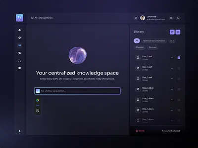 Centralized Knowledge Base — AI-Powered SaaS Platform adminpanel aiassistant aiplatform b2bsaas complexui darkui dashboard deepresearch documentmanagement enterpriseui filemanager knowledgebase modernui notetaking productivitapp purpleui saasdesign teamtool webdesign workspacetool