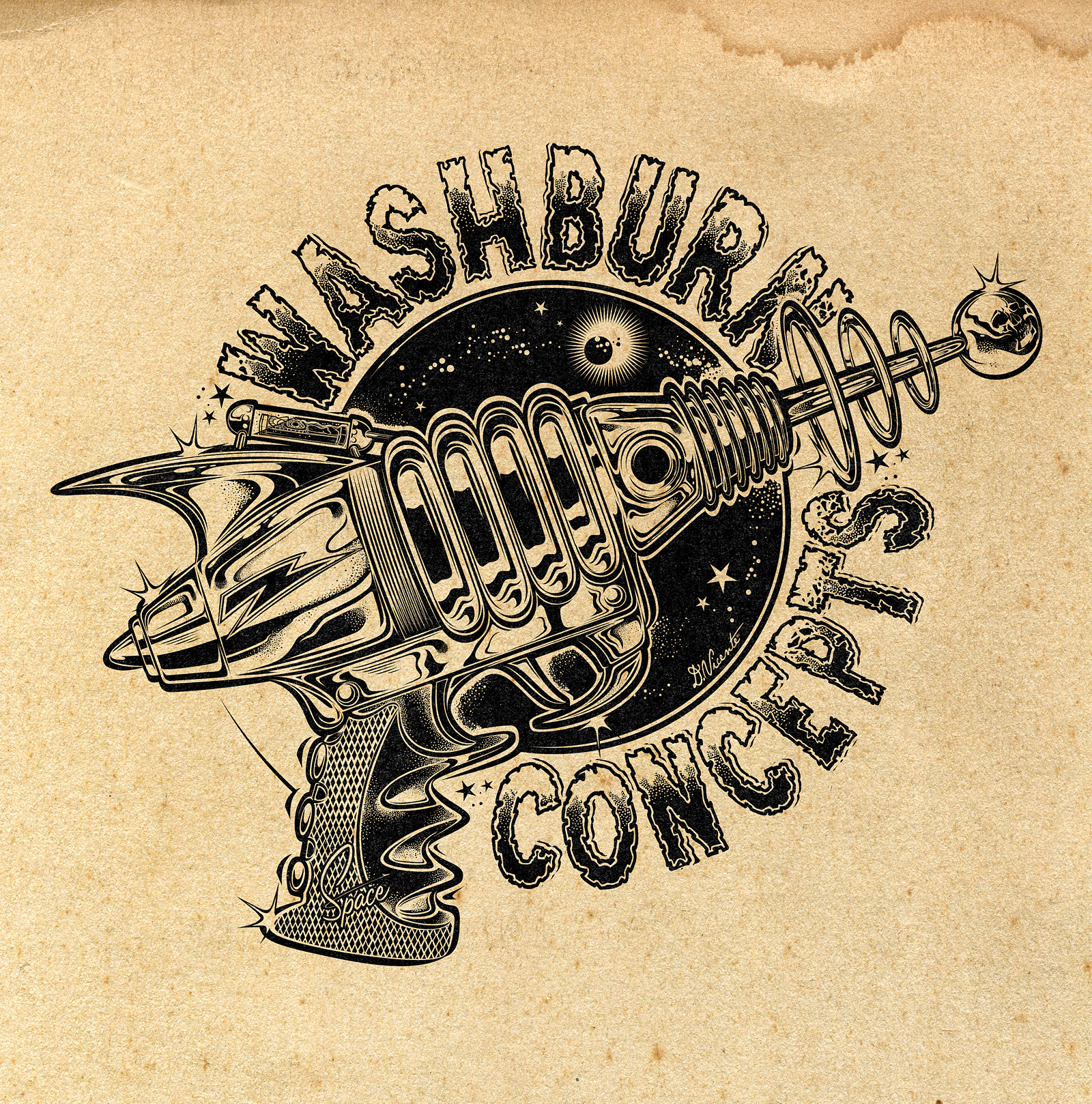 WASHBURN CONCEPTS – USA american design black and white art branding custom fabrication digital art graphic design hand lettering illustration ink drawing laser cutting line art logo design ray gun retro design retro futurism sci fi art tiki culture vintage badge washburn concepts workshop art