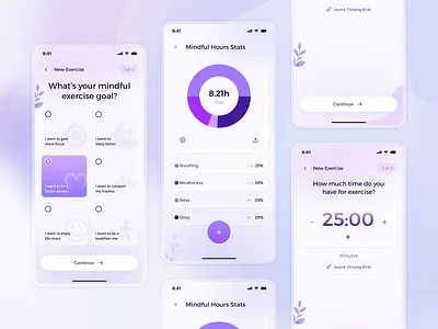 Mindful Meditation Mobile App app design dashboard ui health app meditation app mental health mindfulness mobile app onboarding ui purple ui ui design ux design wellness app