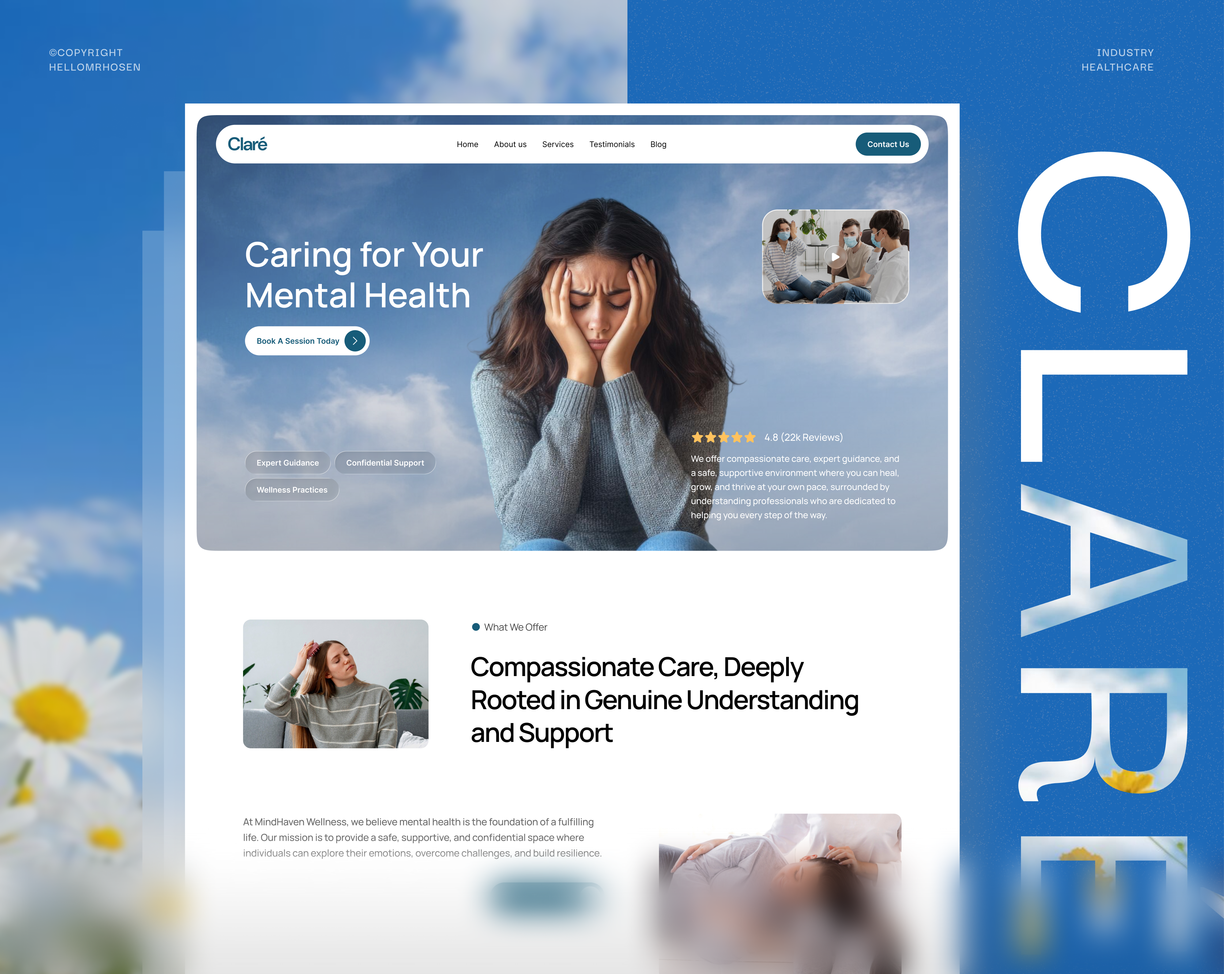 Claré – Mental Health & Therapy Website Design / Healthcare ai design animation clean ui design designer figma website framer saas website healthcare healthcare website landing page landing page design popular saas startup company ui ui ux design ui website uinique website design web design web ui website
