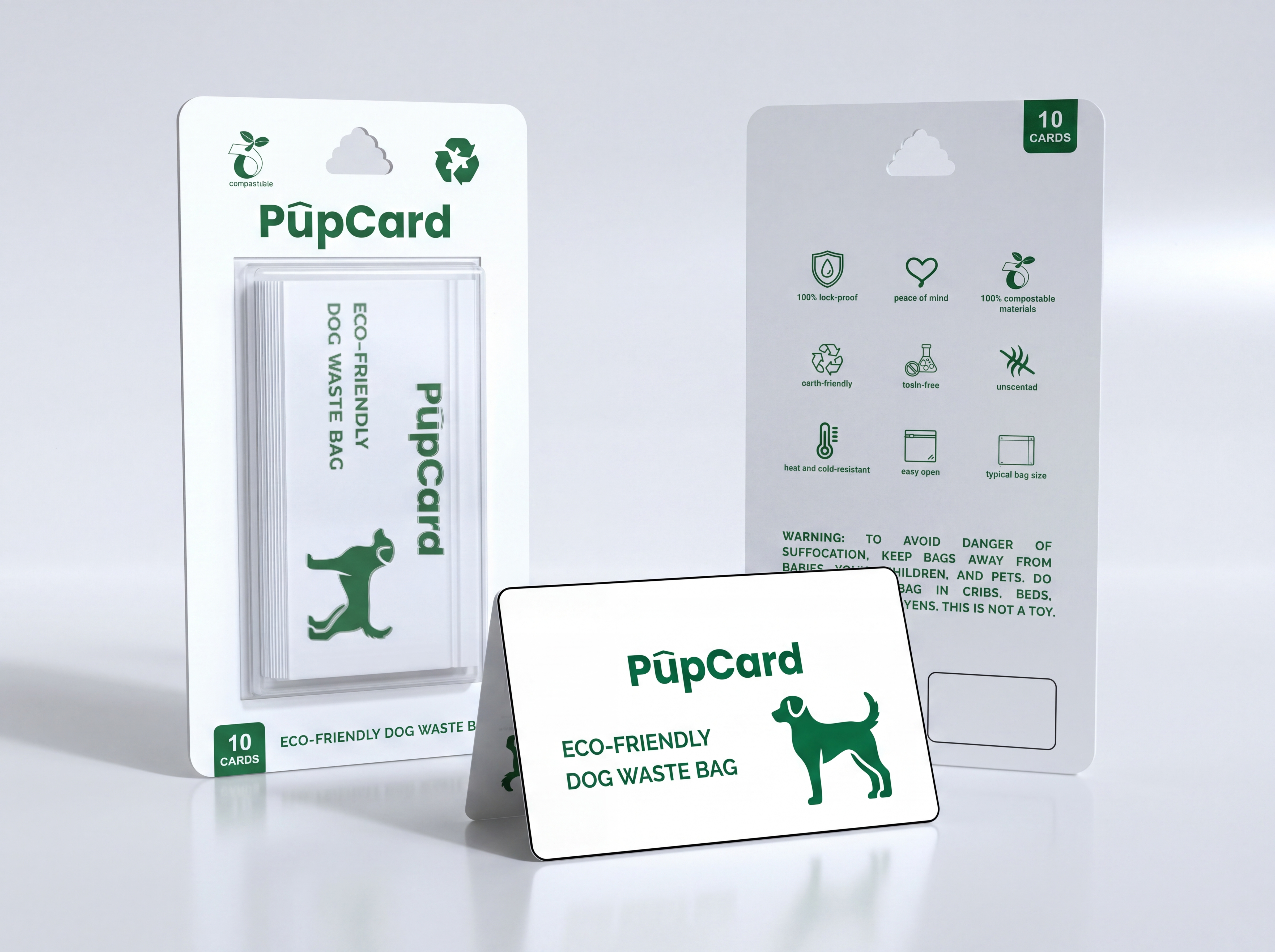 Eco-Friendly Dog Waste Bags Packaging Design | PupCard Minimal amaz brand identity branding clean design dog product eco friendly green design minimal packaging modern packaging packaging design pet packaging product packaging sustainable packaging