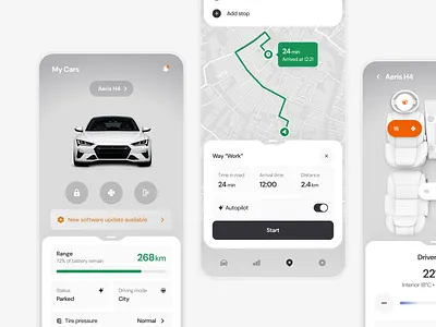 EV Car Control Mobile App app design automotive ui battery status car app car dashboard clean ui climate control dashboard design electric car ev app figma map ui mobile app mobile ui product design route planner smart car ui design ux design vehicle app