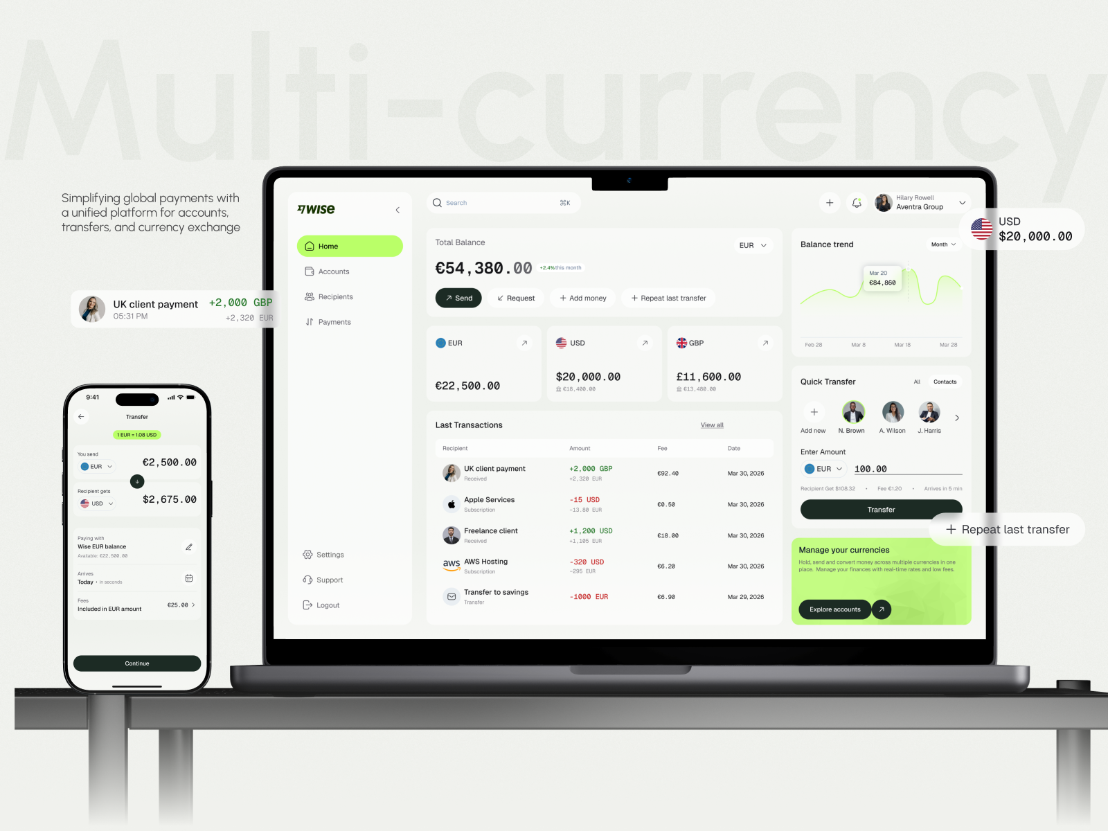 Fintech Dashboard UI — Wise Concept