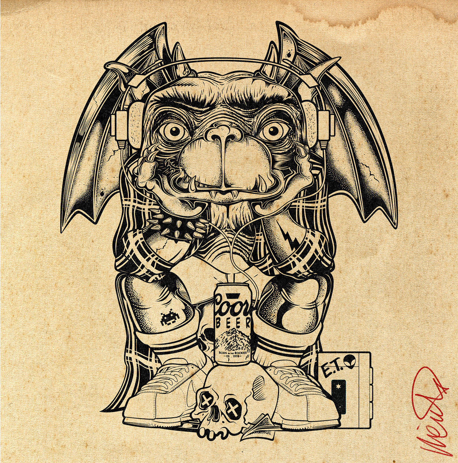 TEEN GARGOYLE E.T. / INK DRAWING 80s aesthetic cartoon art character design creature design cult movie art david vicente digital art e.t. e.t. the extra terrestrial gargoyle illustration inking lowbrow art nike cortez pop culture art retro art sci fi art teenage gargoyle walkman weird art