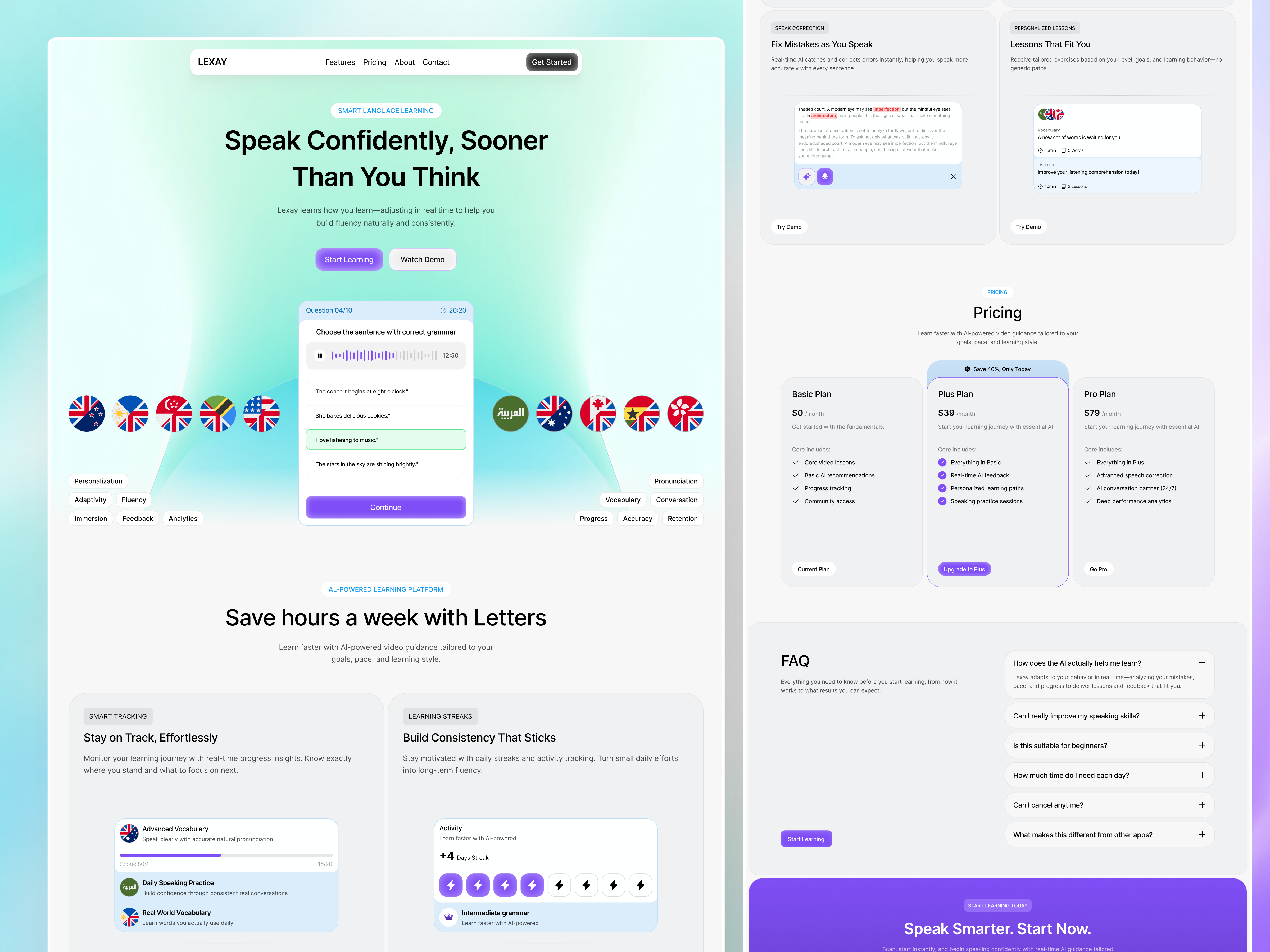 LEXAY - language learning Landing Page ai ai course ai search ai website bento block glass clean course footer hero landing page language class learning website online learning product ai saas schedule ui web design website