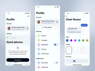 A private and secure messaging platform account app appearance background clear ios profile seed phrase settings theme ui
