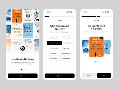 Book Summaries Mobile App UI - Onboarding Screens audio book audio book app audio learning audio story book app book summary edtech app education app knowledge app learning app learning platform micro learning mobile app onboarding reading app story book app storytelling app study app trending ui uiux