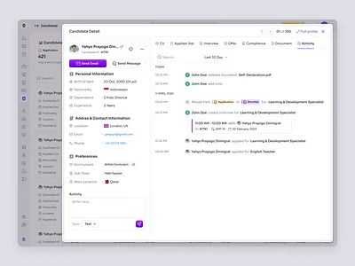RecruitSmart — Hiring Activity Timeline in School HR Management candidate dashboard education employee management hr hr management hr platform hr system hrd hrm human resource job product design recruitment management saas saas design school management ui ux web app